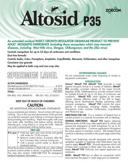 This is a picture of the product label Altosid P35 Specimen Label