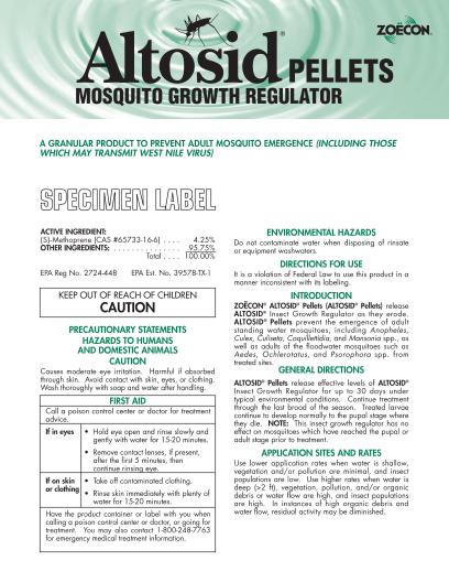 This is a picture of the product label Altosid Pellets with DR Tech Specimen Label