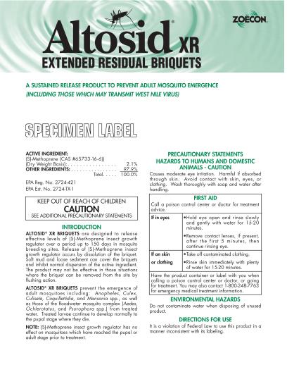 This is a picture of the product label Altosid XT Briquets Specimen Label