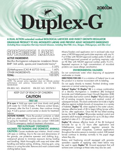 This is a picture of the product label Duplex G Specimen Label