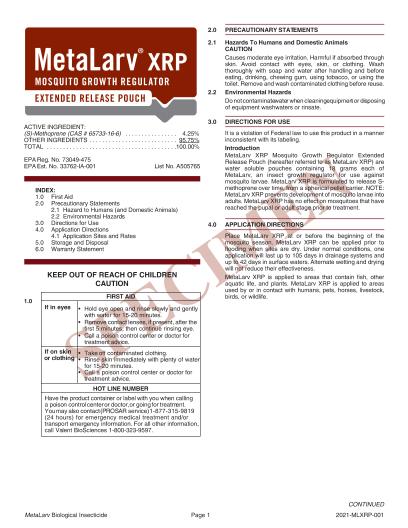 This is a picture of the product label Metalarv XRP Specimen Label