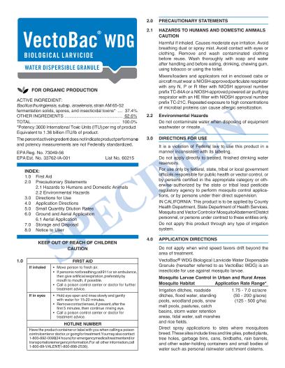 This is a picture of the product label Vectobac WDG Specimen Label