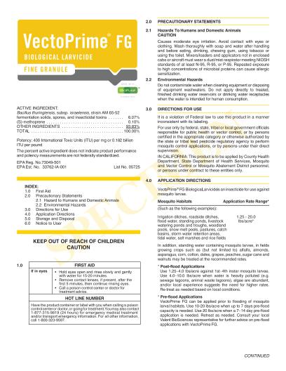 This is a picture of the product label Vectoprime FG Specimen Label